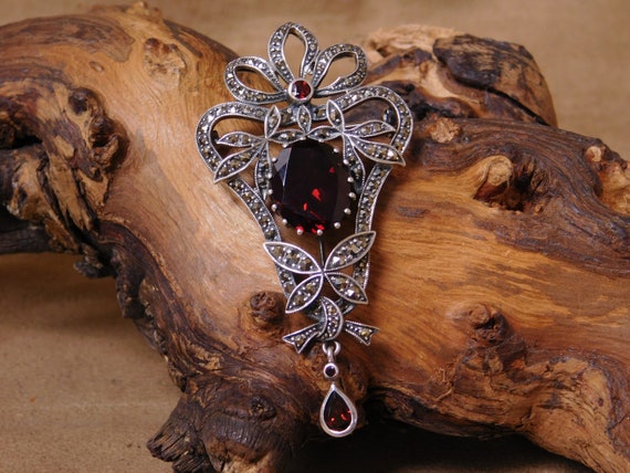 Vintage Sterling Silver Red Synthetic Pendant - image 1