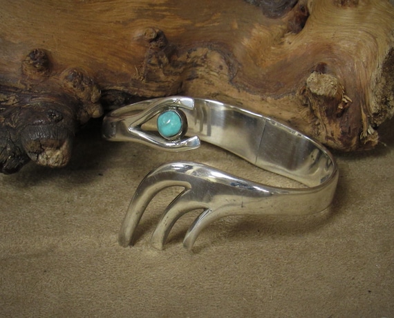 Sterling Silver and Turquoise Hinged Bangle Brace… - image 1