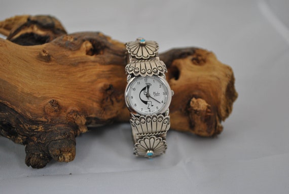 Sterling Silver Navajo Turquoise Concho Watch Cuf… - image 1