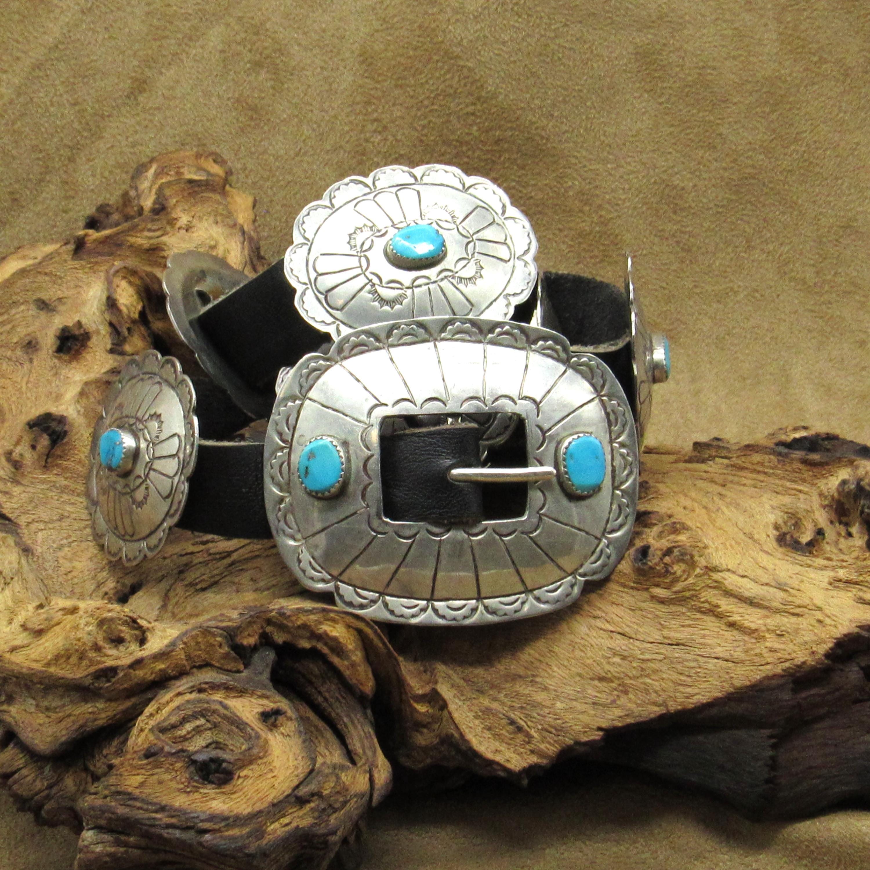 Retro Vintage Nickel Silver Turquoise Concho Leather Belt Stamped BC Belt, A Vintage, Buckle, Concho, Turquoise, Hallmark  main image 2