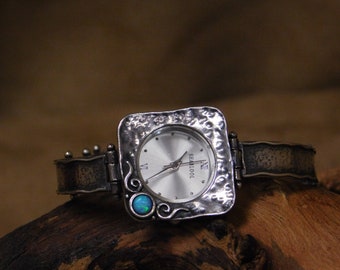 Sterling Silver and Lab Created Opal Link Watch Band