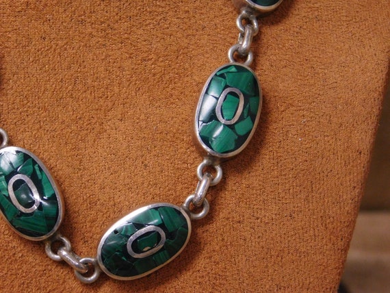 Vintage Sterling Silver and Malachite Chip Inlay … - image 4