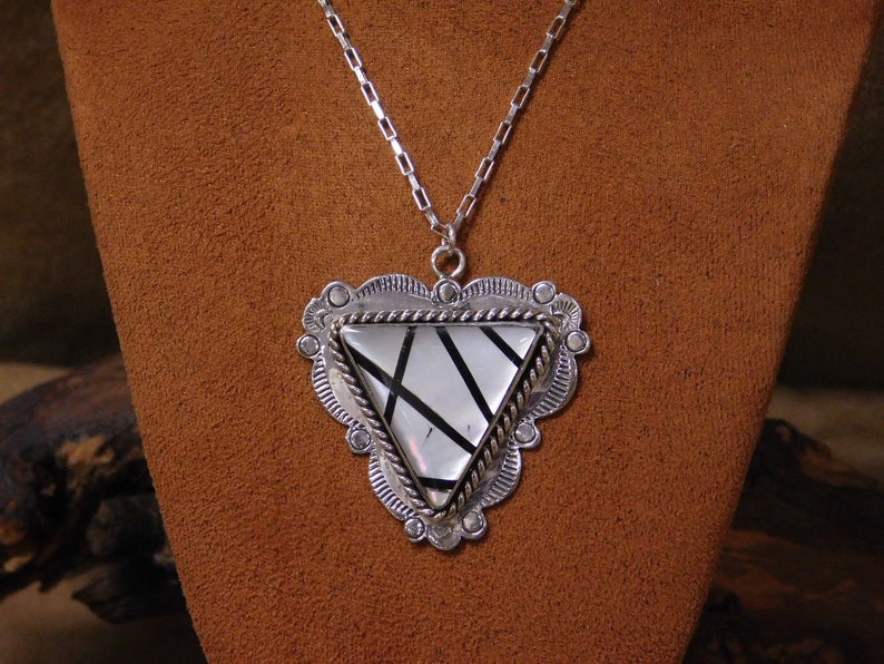 Vintage Sterling Silver Mother Of Pearl And Onyx Triangle Necklace