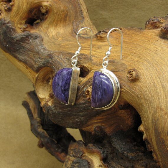 Sterling Silver Charoite Dangle Wire Earrings - image 2