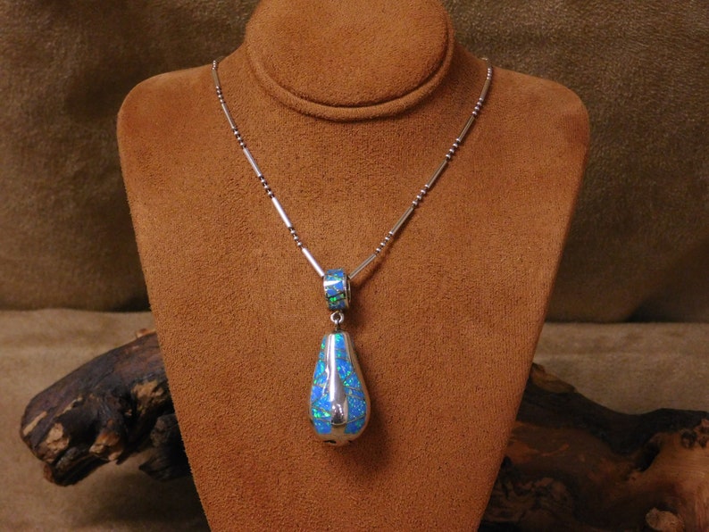 Vintage Sterling Silver and Lab Created Opal Necklace