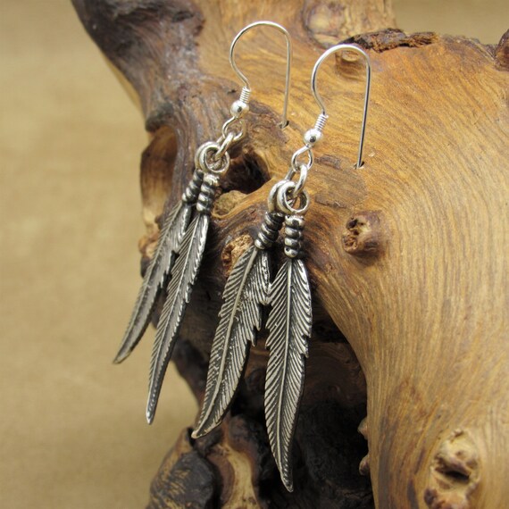 Sterling Silver Two Feathers Dangle Wire Earrings - image 2