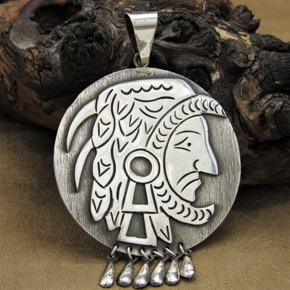 Vintage Sterling Silver Large Aztec Overlay Penda… - image 1