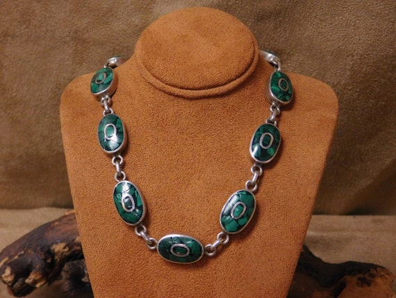 Vintage Sterling Silver and Malachite Chip Inlay … - image 1