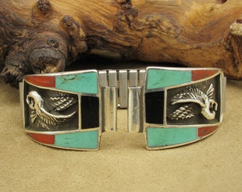 Men's Eagle Watchband with Turquoise, Coral and Jet Inlay