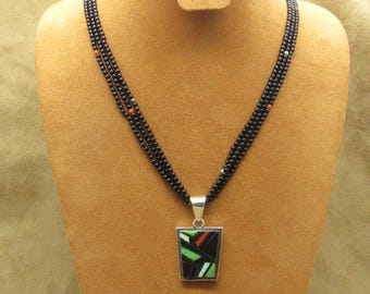 Reversible Sterling Silver Multi-Stone Inlay Pendant on Black Onyx Bead Necklace