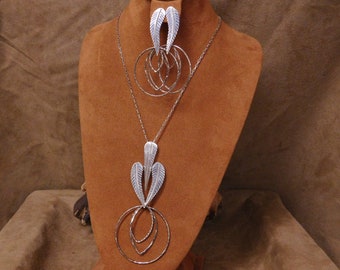 Vintage Sterling Silver Feather Necklace and Earring Set