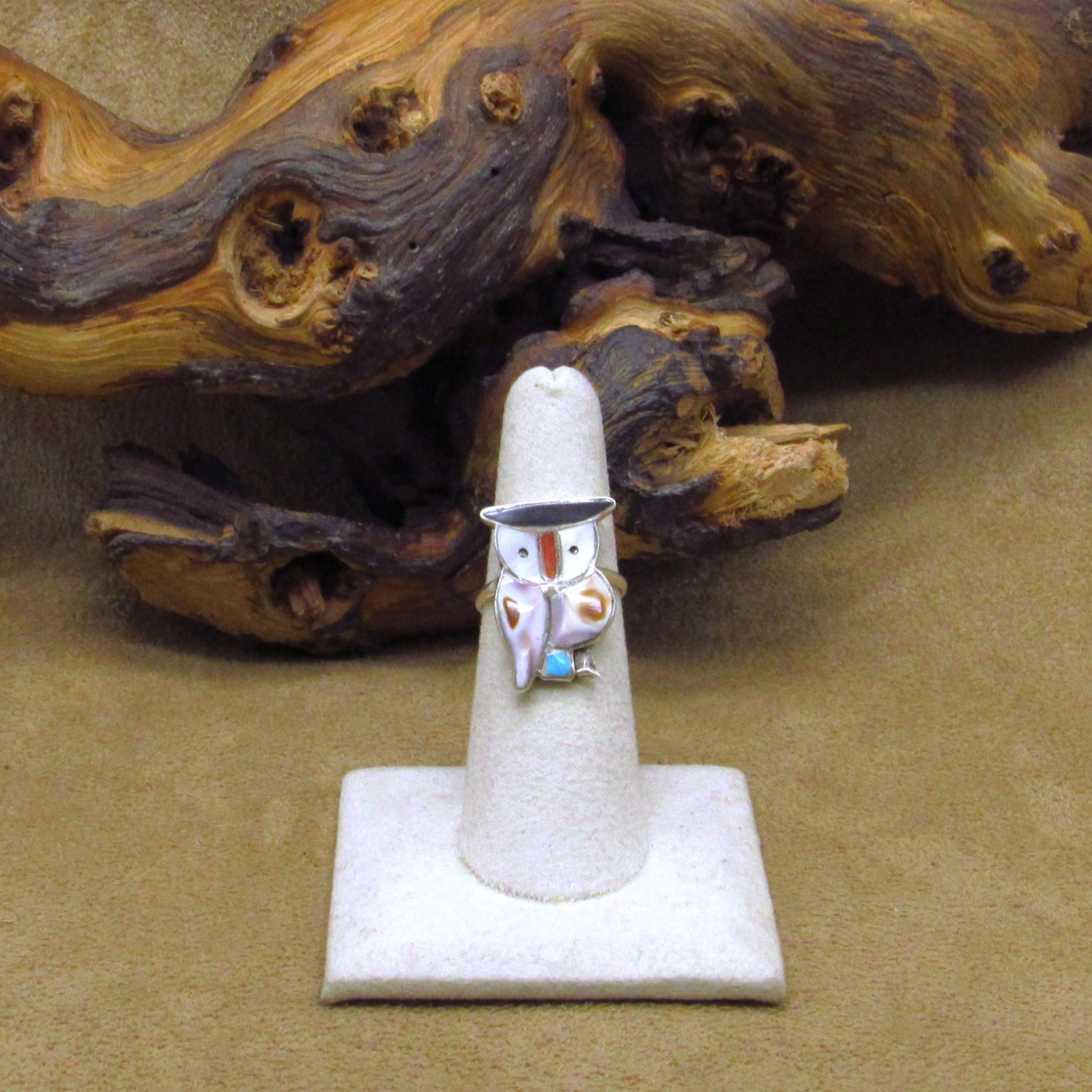 Sterling Silver Inlaid Zuni Owl Ring Size 6.5
