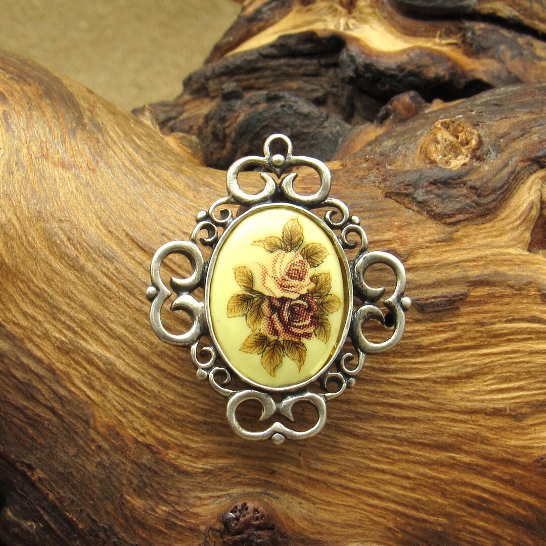 Ornate Sterling Silver Painted Rose Pin - Etsy