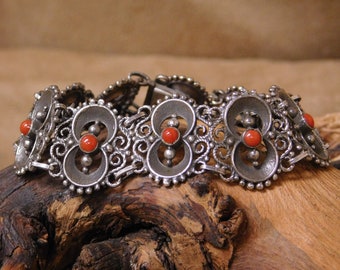 Vintage Coral Sterling Silver Link Bracelet