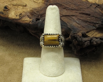 Sterling Silver Rectangle Tiger's Eye Ring Size 7.75