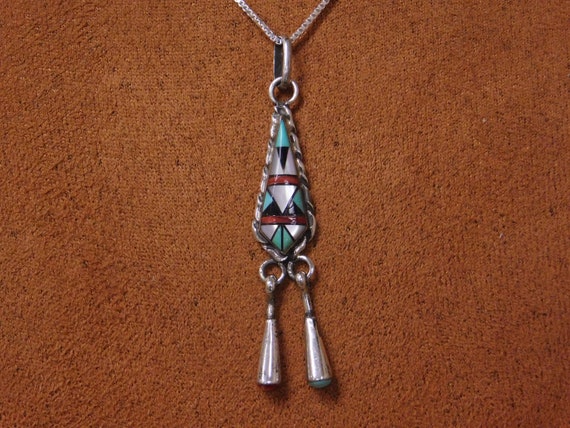 Vintage Sterling Silver Multi Stone Inlay Necklace - image 2