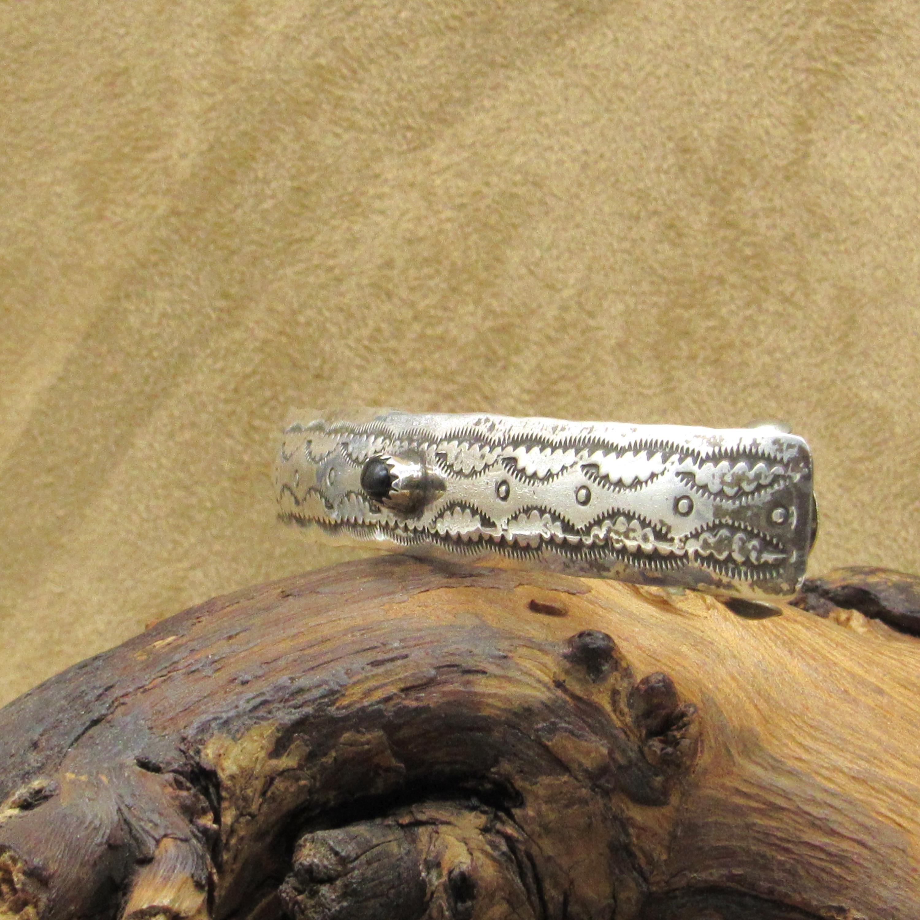 Vintage Sterling Silver Hand Stamped Hair Barrette With Onyx 