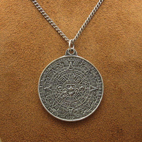 Vintage Sterling Silver Aztec Calendar Pendant on… - image 2