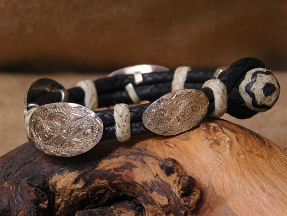 Vintage Engraved Sterling Silver and Leather Bracelet View 2