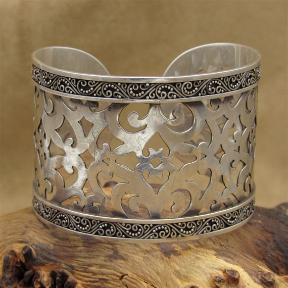 Sterling Silver Open Work Cuff Bracelet with Band… - image 1