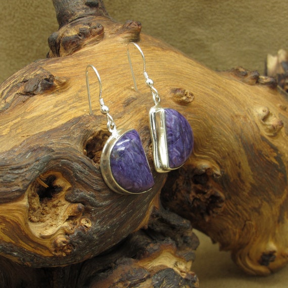 Sterling Silver Charoite Dangle Wire Earrings - image 3