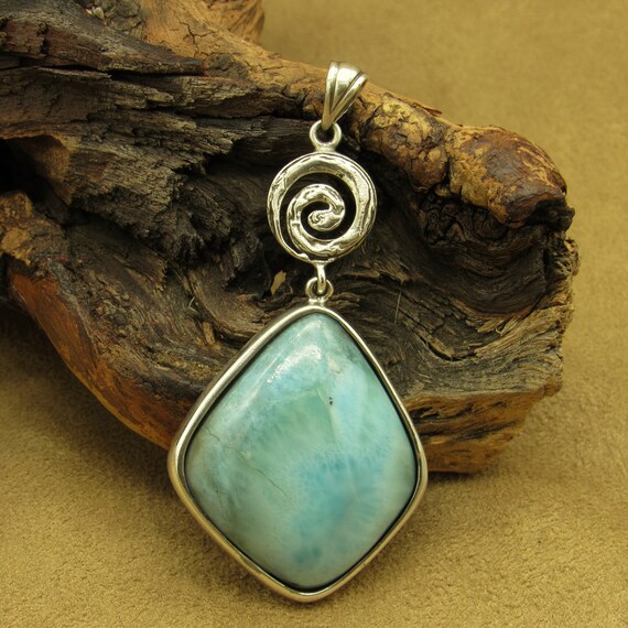 Sterling Silver and Larimar Pendant with Spiral D… - image 1