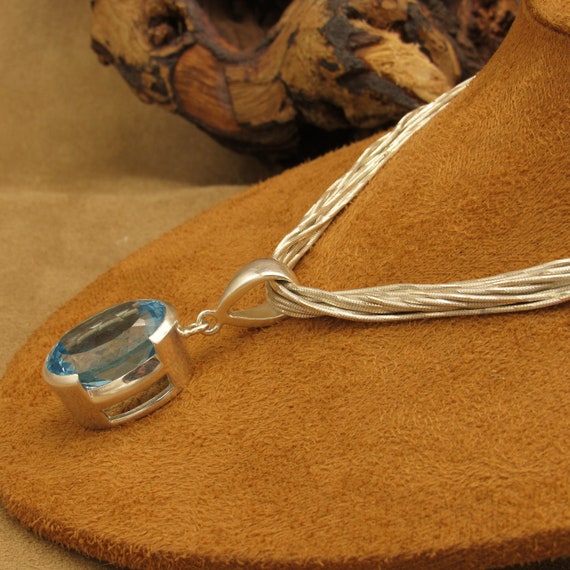 Sterling Silver Large Faceted Blue Topaz Pendant … - image 4