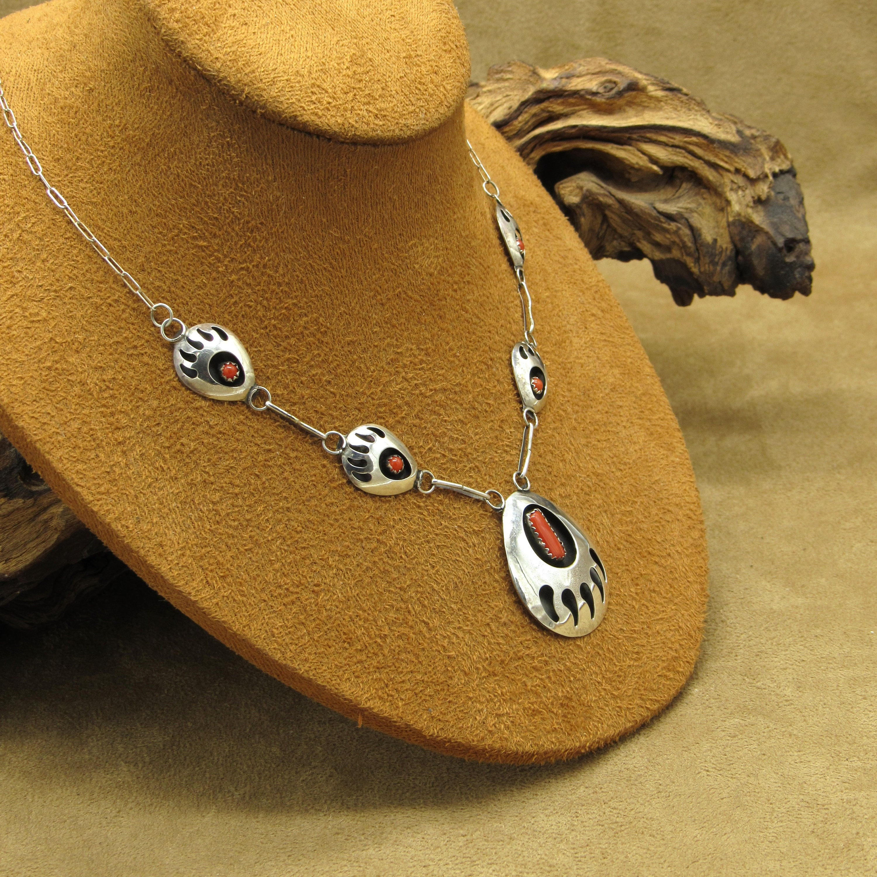 Vintage Sterling Silver Shadowbox Coral Bear Paw Necklace - Etsy