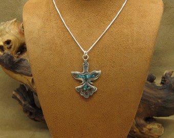 Sterling Silver Turquoise and Coral Chip  Inlay Peyote Bird Necklace