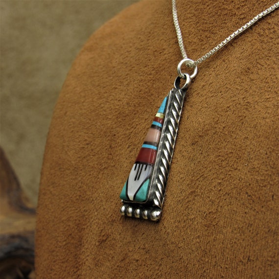 Sterling Silver Southwest Inlaid Pendant Necklace - image 3