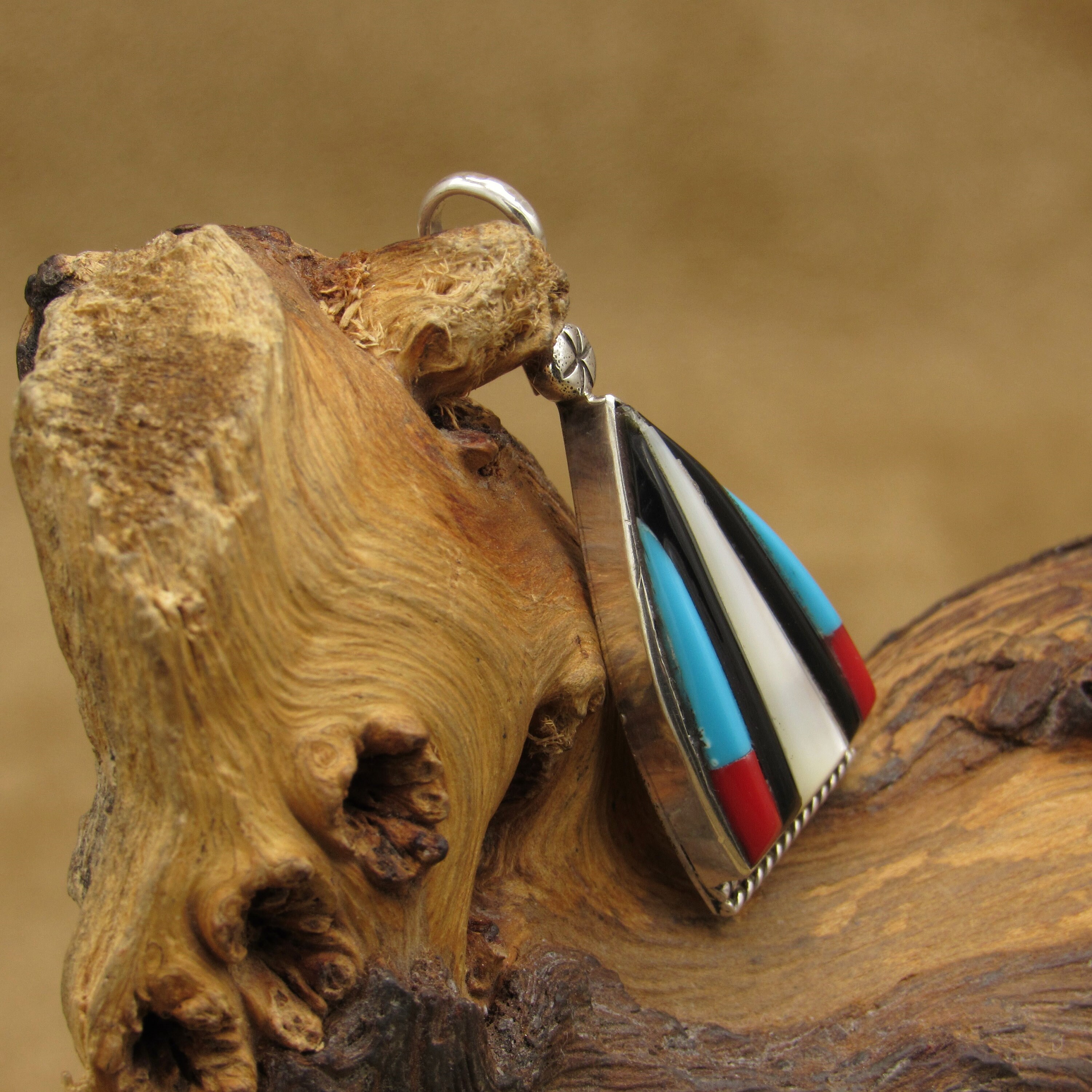 Vintage Sterling Silver Inlay Pendant With Mother of Pearl, Coral, Onyx ...