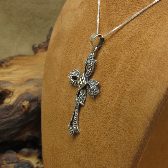 Sterling Silver and Marcasite Cross Necklace - image 4