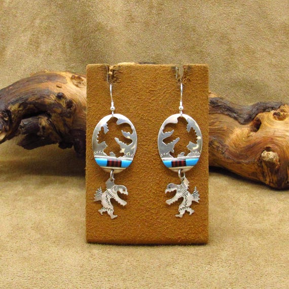 Sterling Silver Dangle Eagle Dancer Earrings with… - image 1