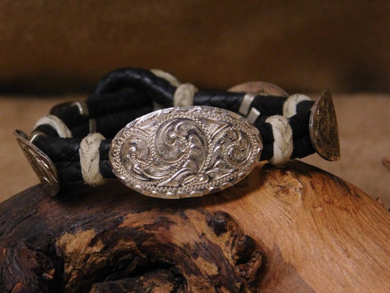 Vintage Engraved Sterling Silver and Leather Brac… - image 1