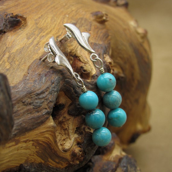 Silver Post Earrings with Three Turquoise Dangle … - image 2