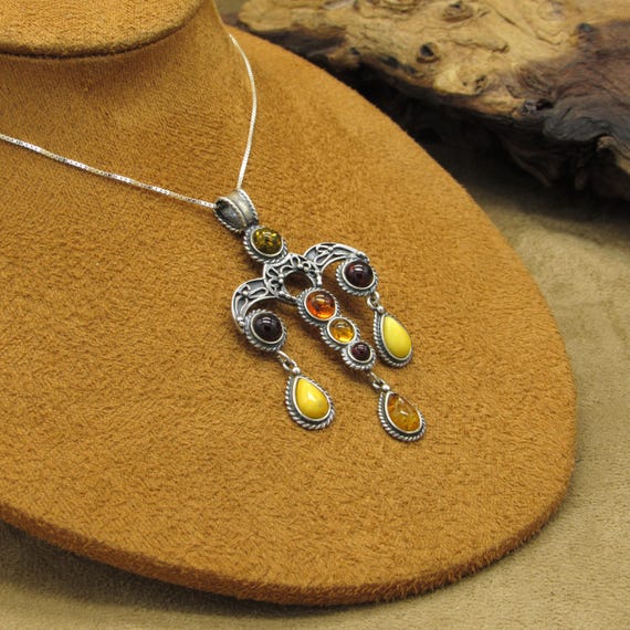 Sterling Silver Dangle Pendant Multi-Colored Ambe… - image 4