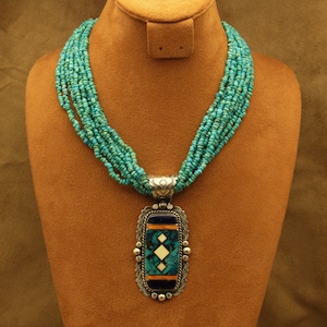 Outstanding Navajo Inlaid Sterling Silver Pendant on Turquoise Beads by B Chavez