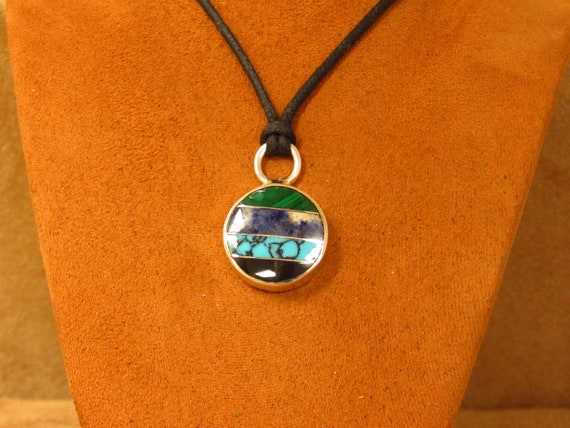 Sterling Silver Inlaid Round Pendant Necklace - image 1