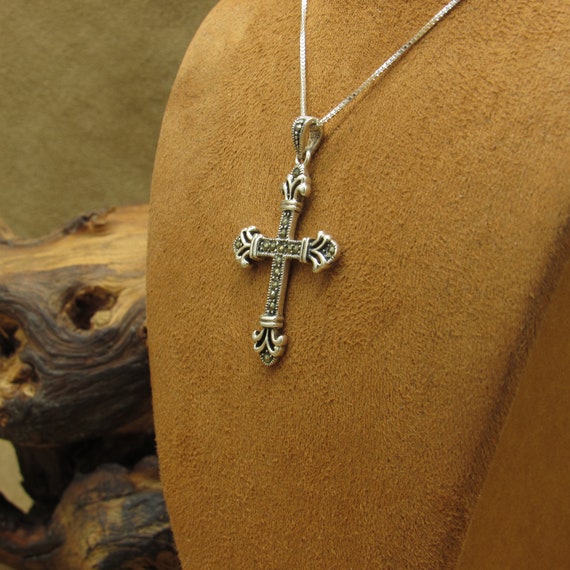 Sterling Silver and Marcasite Cross Necklace - image 4