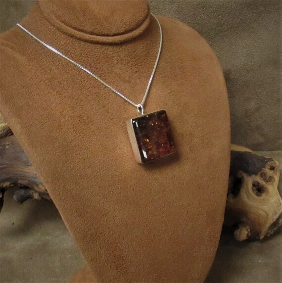 Sterling Silver and Amber Rectangular Pendant Nec… - image 2