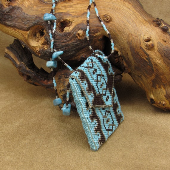 Blue Brown and Silver Glass Beaded Bag Necklace - image 3