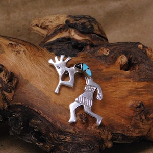 Vintage Sterling Silver Turquoise and Jet Inlay Kokopelli Pin