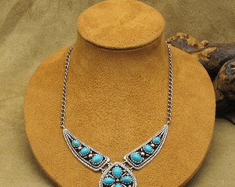 Sterling Silver Linked Turquoise Pendant Choker Necklace