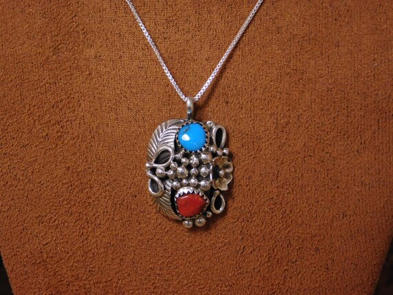 Vintage Sterling Silver Turquoise and Coral Neckl… - image 2