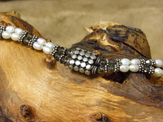 Unique Double Strand Silver Bead and Pearl Bracel… - image 1