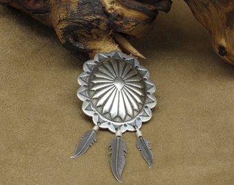 Sterling Silver Concho Button Cover with Dangling Silver Feathers