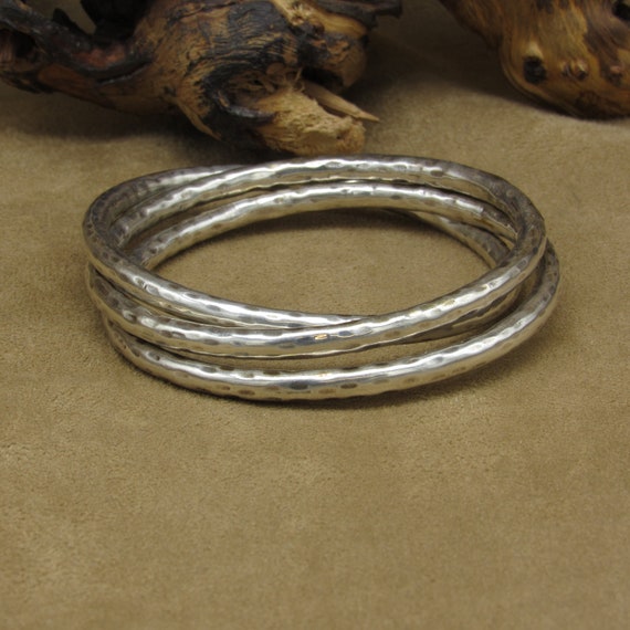 Three Connected Hammered Tubular Sterling Silver Bangle Bracelets