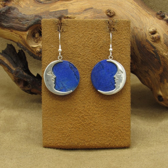 Sterling Silver and Lapis Moon Design Dangle Earr… - image 1