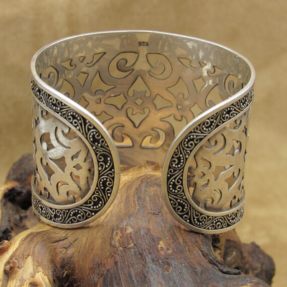 Sterling Silver Open Work Cuff Bracelet with Band… - image 4