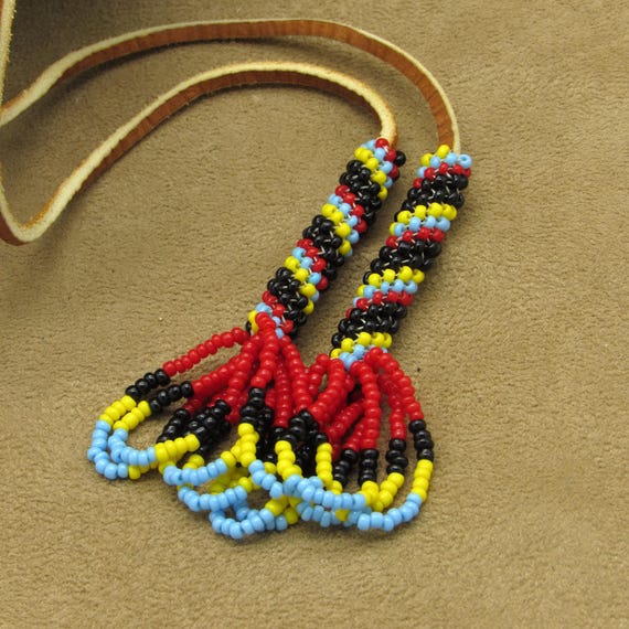 Large Beaded Shield and Leather String Fringe Cer… - image 4